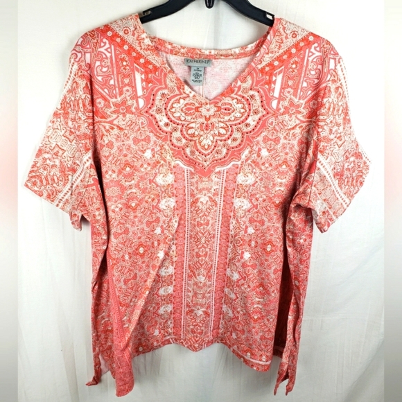 Catherines Peach Jeweled Short Sleeve Shirt Sz 2X - Picture 1 of 9